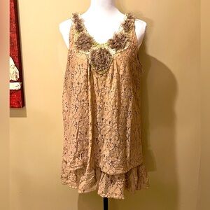 Pretty Angel Tan Lace Tiered Dress with feather detailing at neck, size XL